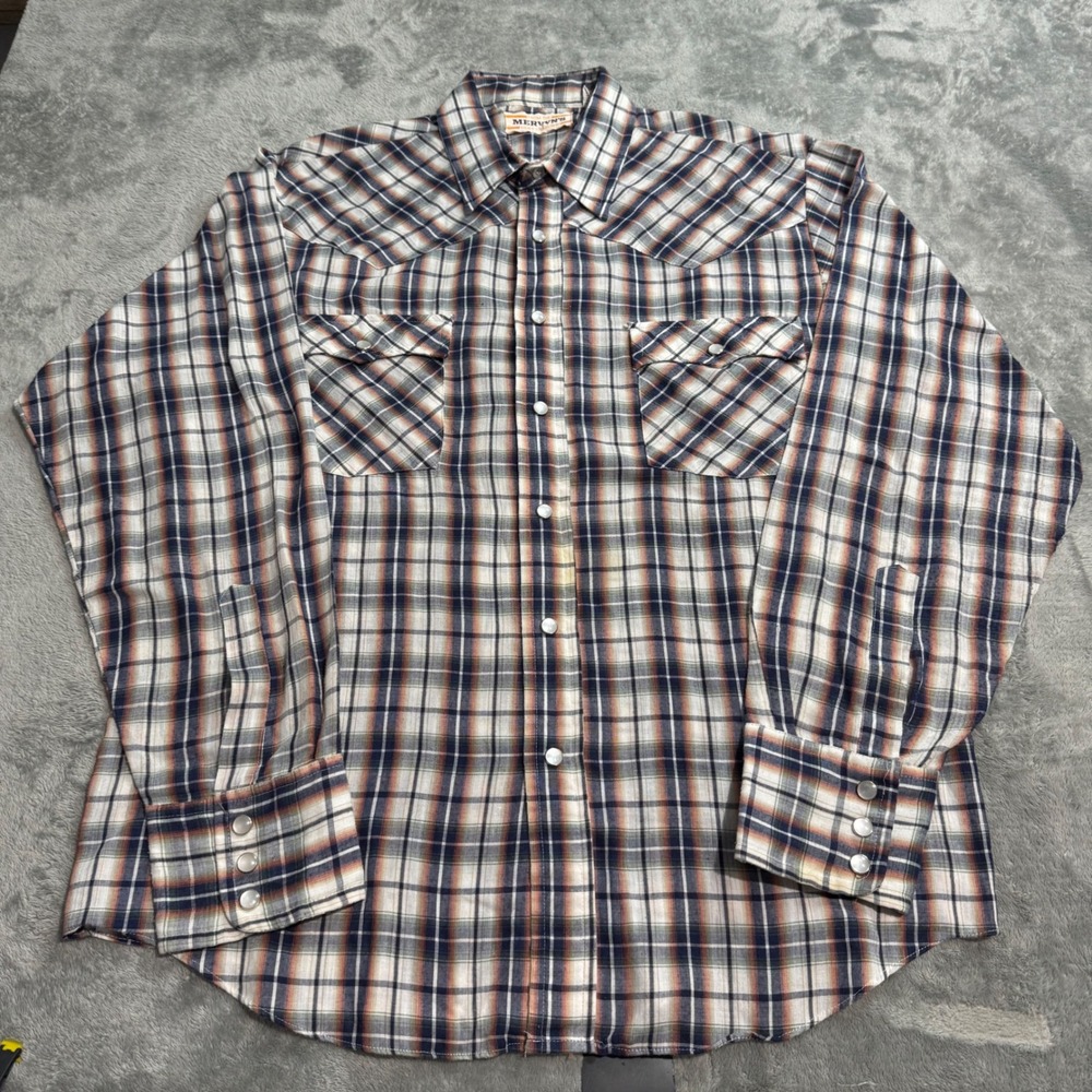 VTG 80s Mervyns Western Pearl Snap Shirt Mens L Plaid Long Sleeve Blue Orange